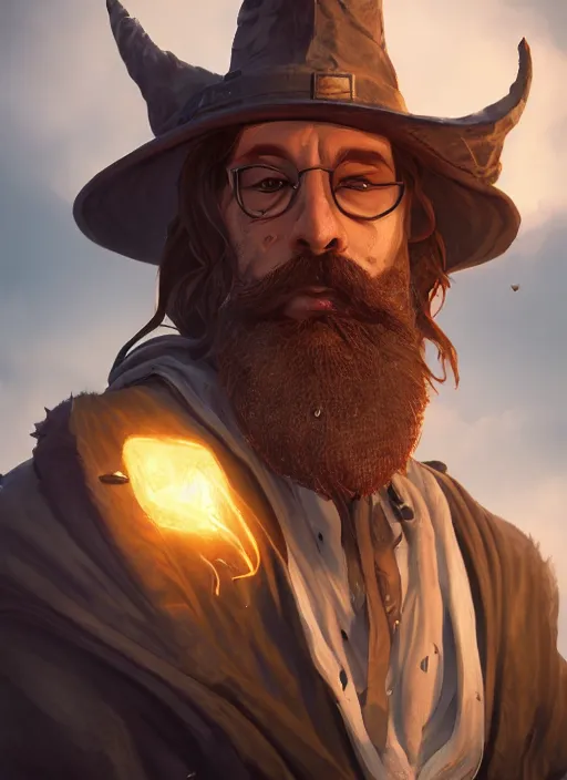 Prompt: A comic book style portrait painting of a crazed wizard with a beard in a stunning fantasy landscape, unreal 5, DAZ, hyperrealistic, octane render, RPG portrait, dynamic lighting