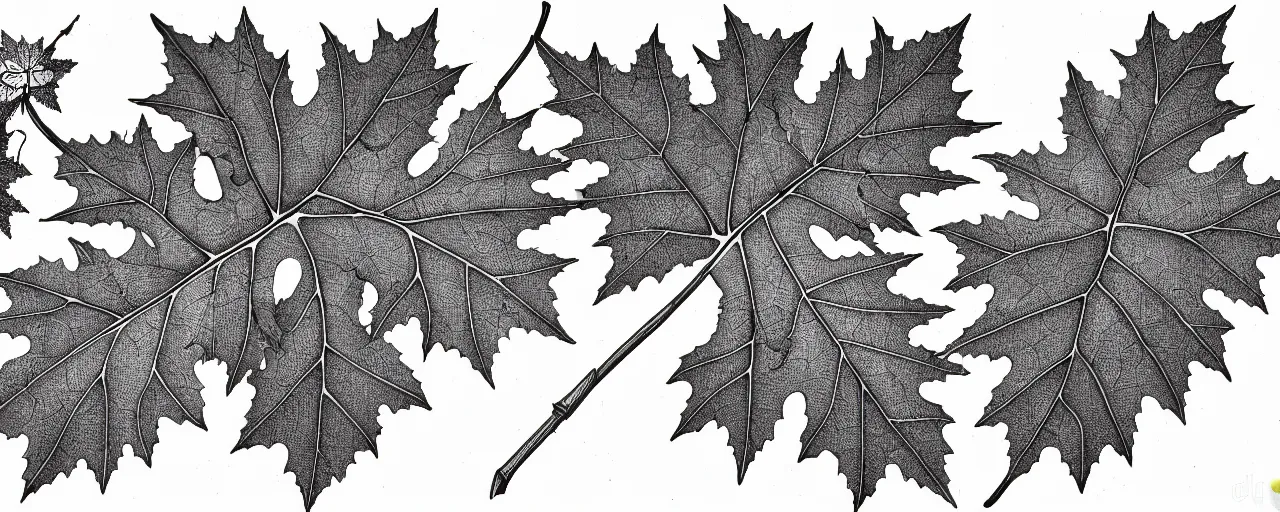 Image similar to a full page schematic diagram illustration of a hybrid between oak leaf and wine leaf, ultra detailed, 4 k, intricate, encyclopedia illustration, fine inking lines