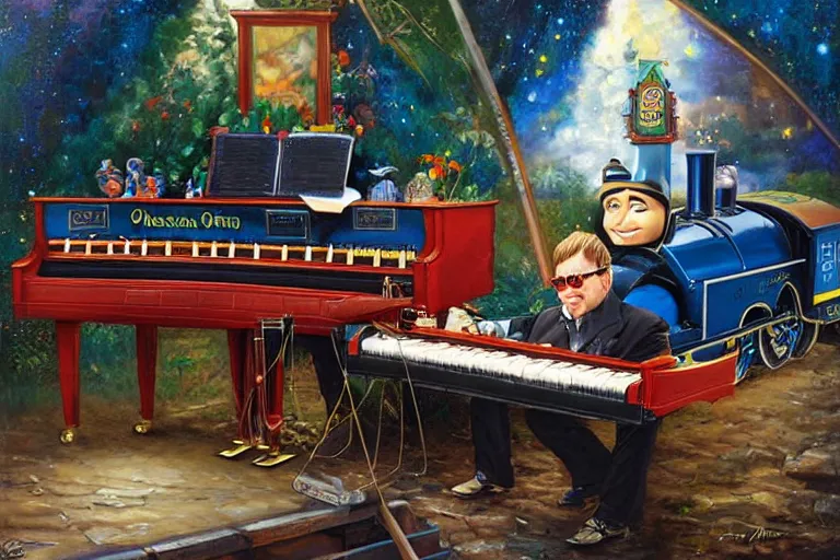 Image similar to elton john playing a piano on top of thomas the tank engine, an oil painting by ross tran and thomas kincade