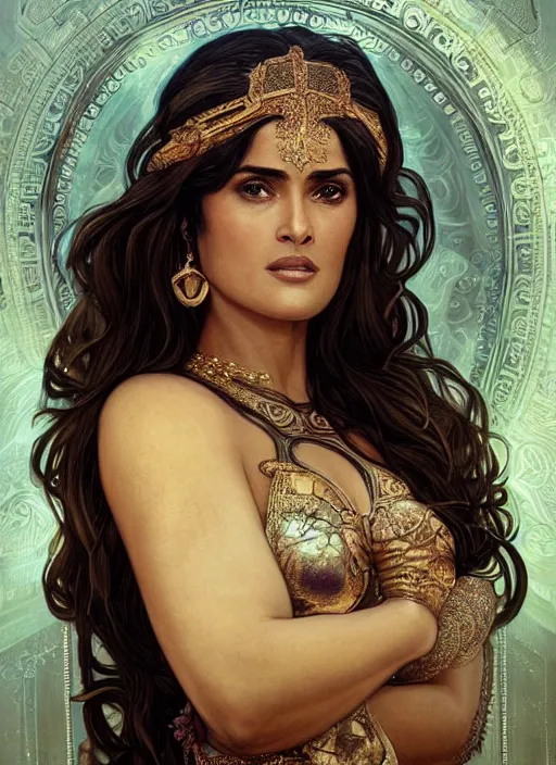 Prompt: Salma Hayek as a Greek Goddess, beautiful detailed eyes, cute, fantasy, intricate, elegant, highly detailed, digital painting, 4k, HDR, concept art, detailed jewelry, smooth, sharp focus, illustration, art by Artgerm, H R Giger and Alphonse Mucha