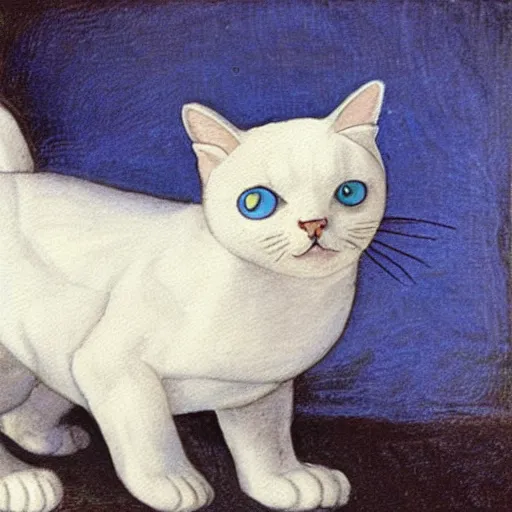 Prompt: a painting of a white cat with blue glowing eyes walking towards the viewer, in the style of leonardo da vinci.