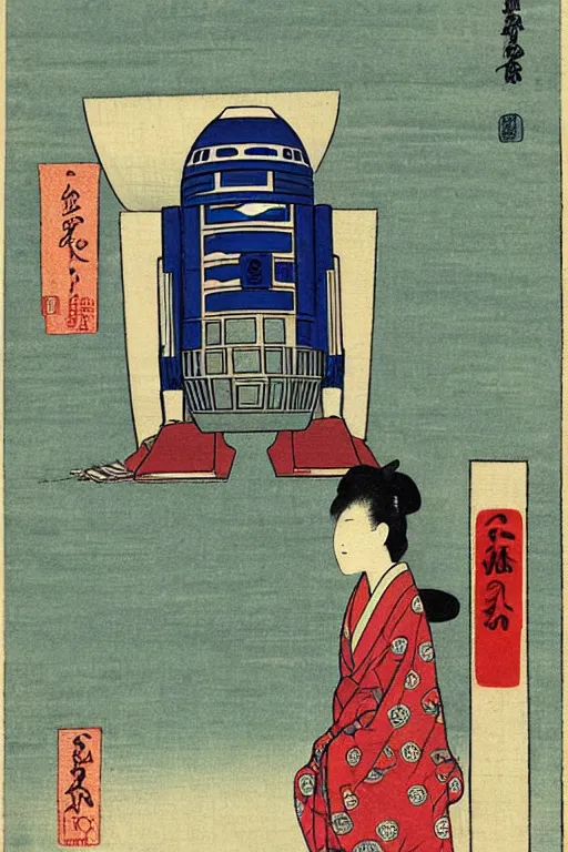 Prompt: Japanese woodblock print of r2d2 , Hiroshige