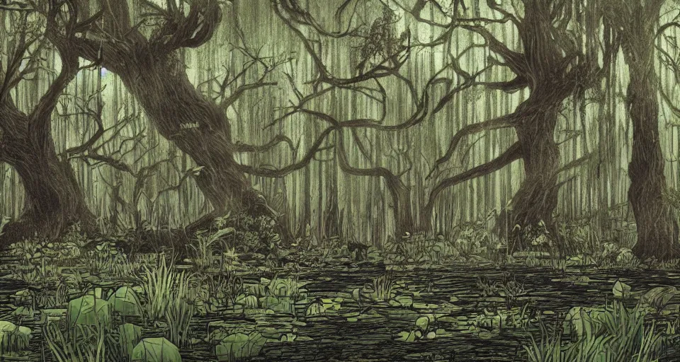 Image similar to A dense and dark enchanted forest with a swamp, from Kenshin