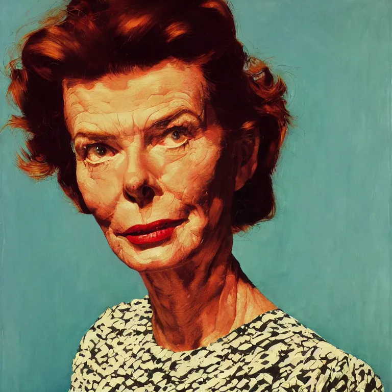 Prompt: close up studio portrait of Katherine Hepburn, age 30, gorgeous face, wearing an Issey Miyake dress in 1985, impasto heavy brushstrokes oil painting by Norman Rockwell and Tim Hawkinson and Cy Twombly, Intense colors trending on artstation dramatic lighting Expressionism