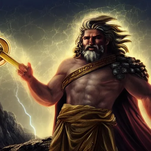 Image similar to in the ruins of mount oylmpus the roman gods look down on the mortals, zeus holds a lightning rod and thor has his hammer, digital art, 4 k,