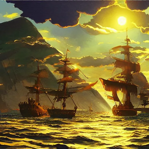 Image similar to disco diffusion painting of a pirates landscape by makoto shinkai, masterpiece, contest award winner