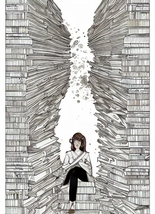 Prompt: clean line art of a woman with light brown hair and glasses sitting on a tall pile of books. well composed, clean coloring book page, beautiful detailed face. coloring book line art by greg rutkowski and johanna basford