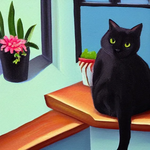 Image similar to peaceful dreamy painting of a content black cat sitting by a window, sunshine coming through the window, small plants on the window sill, 4k resolution, highly detailed, trending on artstation