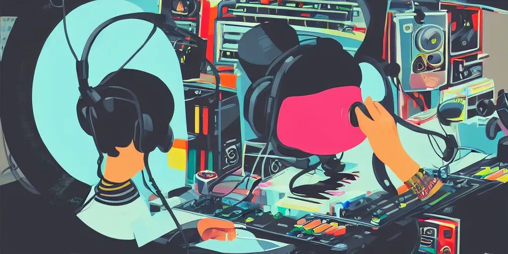 Image similar to ' black monkey '!!! listening to'music!!!!!!'in front of'radio console '!!!! and'multi onitors!!!!!!'wearing'headphones!!!!'in a dj radio broadcasting studio, artwork by james gilleard