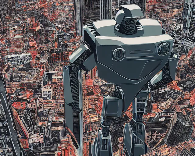 Prompt: A large imposing robot with a paintbrush destroying a city, looking down at the people below, digital art, movie poster