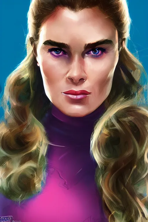 Image similar to portrait of a mix of young maria shriver, mariel hemmingway, brooke shields and elle macpherson as a marvel super hero, thin lips, hair tied up in a pony tail, colorful artstation, cgsociety