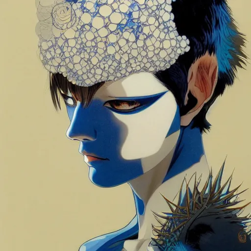 Image similar to prompt : ivory and blue and black portrait soft light painted by james jean and katsuhiro otomo and erik jones, inspired by evangeleon anime, smooth face feature, intricate oil painting, high detail illustration, sharp high detail, manga and anime 1 9 9 9