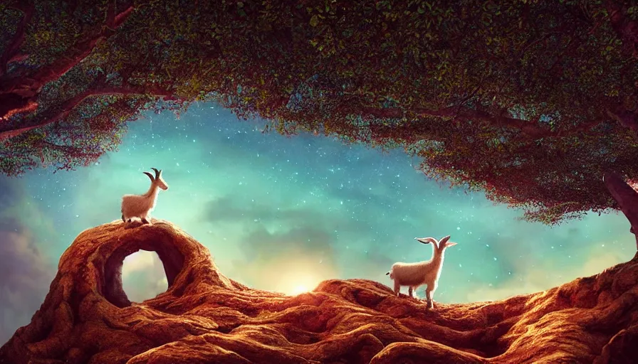 Prompt: very very small goat, sitting on a gigantic banyan tree in moonlit socotra island by ilya kuvshinov, starry night, rtx rendering, octane render 1 2 8 k, maya, extreme high intricate details by tom bagshaw, medium shot, close up shot, composition by sana takeda, lighting by greg rutkowski, midsommar