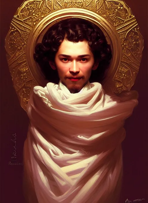 Image similar to portrait of alexandr pushkin perfection, symmetrical! intricate, elegant, highly detailed, vision of holy perfection, sleeping in a theatre!! smile, digital painting, artstation, concept art, smooth, sharp focus, illustration, art by artgerm and greg rutkowski and alphonse mucha