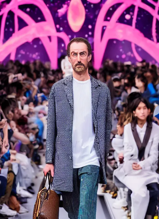 Prompt: hyperrealistic and heavy detailed Louis Vuitton runway show of rick and morty , Leica SL2 50mm, vivid color, high quality, high textured, real life