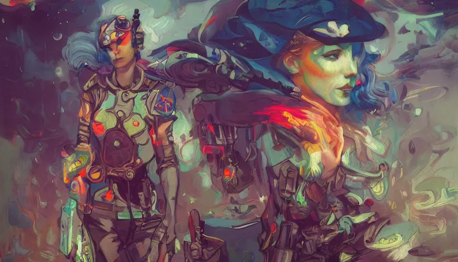 Prompt: psychedelic cyberpunk stylish woman soldier, allegorical style, by peter mohrbacher, jeremy mann, francoise nielly, van gogh, ross tran, beautiful, award winning scenery