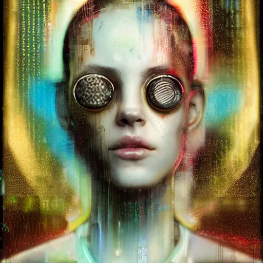 Prompt: female cyberpunk portrait by cy Twombly and BASTIEN LECOUFFE DEHARME, highly detailed circuit boards, led display, iridescent fractal, integrated wiring, high tech