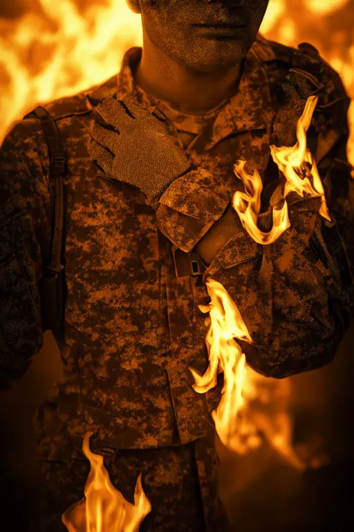 Image similar to portrait of a lost soldier with eyes of sorrow standing Infront of a burning building. Realism. V-Ray. 8K. Photography. Sad. Moody. Emotional.