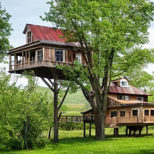 Image similar to farmhouse with farmhouse treehouse