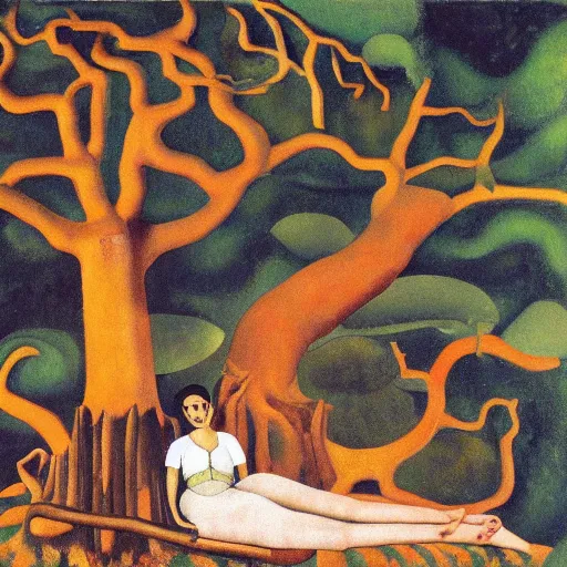 Image similar to on patreon क ी द ी tall of a giant oak tree, by felix vallotton and frida kahlo, surrealist, masterpiece misty godly forest skillet soda, by jak