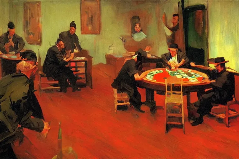 Image similar to ninjas playing poker, inside a tiny green room with red lights by joaquin sorolla, greg rutkowski, bill sienckiwicz, extremely detailed