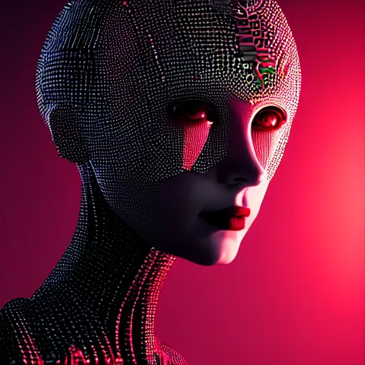 Image similar to portrait of an absurdly beautiful, graceful, sophisticated, fashionable cyberpunk mechanoid gravure idol, hyperdetailed illustration by irakli nadar, adut akech, matt wisniewski style, intricate linework, dark black porcelain skin, jellyfish headdress, unreal engine 5 highly rendered, global illumination, neon red light, detailed and intricate environment