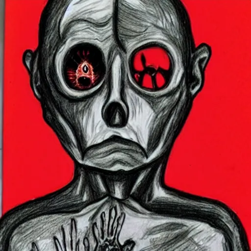 Image similar to serial killer, children drawing, horror, creepy, disturbing