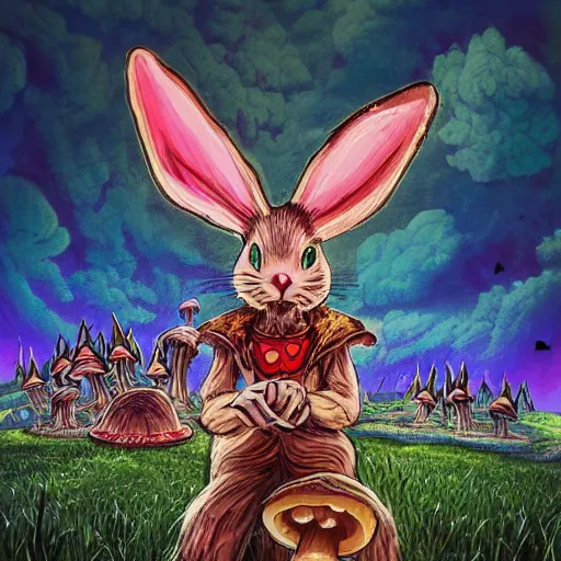 Image similar to 4 k headshot portrait of a psychedelic demonic anthropomorphic bunny rabbit with mushroom themed clothes, magic mushroom village in background by jeff easley, award winning, stylized neon, post - processing, masterpiece, superb resolution. in the art style of junji ito and greg rutkowski. detailed mushroom city in background. hyper realistic anime. perfect art. dalle 2