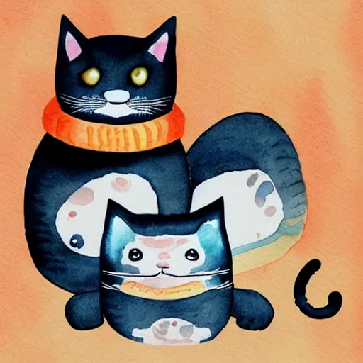 Prompt: sushi cats watercolour children's book illustration