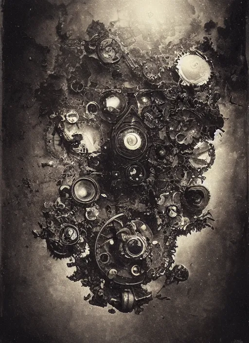 Image similar to old wetplate daguerreotype, portrait of a futuristic time traveler, explosion of data fragments, fractal, intricate, elegant, highly detailed, parallax, leica, medium format, subsurface scattering, by jheronimus bosch and greg rutkowski and louis jacques mande daguerre