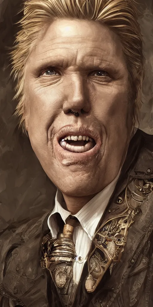 Image similar to portrait of Gary Busey, elegant, intricate, steampunk, full frontal shot, highly detailed, digital painting, artstation, concept art, sharp focus, illustration, art by artgerm and H.R. Giger