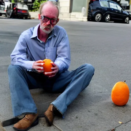 Image similar to hugh hopper on a street corner eating an orange fruit and drinking a pepsi