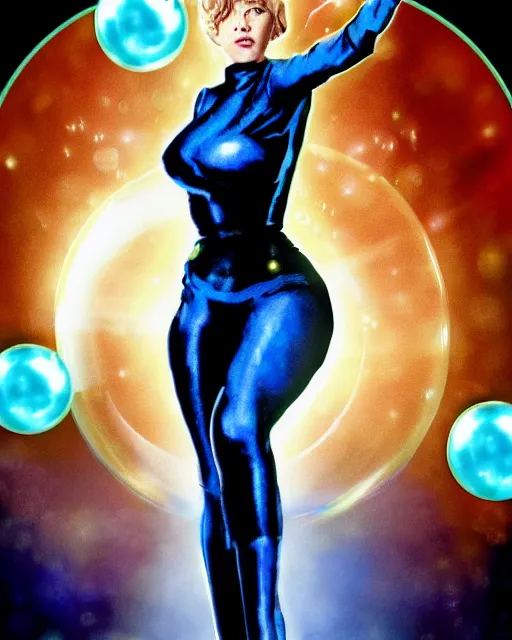 Image similar to drew struzan style movie poster of alice eve dressed as sue storm, the invisible woman from the fantastic four, with her hands held up, she is generating an iridescent bubble of particles around her body in the form of a shimmering bubble force field, soft focus, bokeh, 5 0 mm