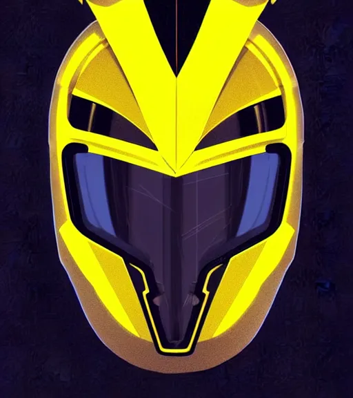 Image similar to symmetry!! yellow ranger, thunderbolt - shaped viser!!, thunderbolt shaped helmet!!, hard edges, product render retro - futuristic poster scifi, lasers and neon circuits, yellow ranger, intricate, elegant, highly detailed, digital painting, artstation, concept art, smooth, sharp focus, illustration, dreamlike, art by artgerm