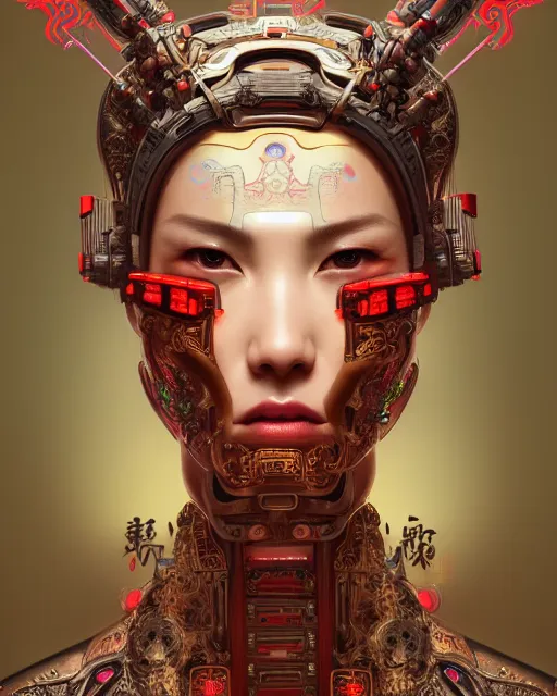 Image similar to portrait of a cyberpunk machine, machine face, upper half portrait, decorated with chinese opera motifs, asian, fine china, wuxia, traditional chinese art, intricate, elegant, highly detailed, symmetry, headpiece, digital painting, artstation concept art smooth sharp focus, illustration, art by artgerm and greg rutkowski alphonse mucha 8 k