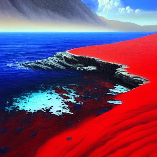 Prompt: gorgeous detailed oil painting of a red sea covered in big blue rocks, red sea, blue rocks, the further away the mistier it gets, dark aesthetic, atmospheric, concept art, octane render, unreal engine 5, trending on artstation, high quality, path traced, surreal, trending on deviantart, moody, highly detailed, masterpiece, award winning, 4 k hdr, digital art