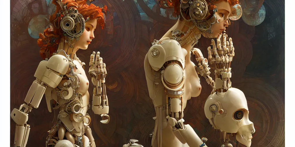 Image similar to octane render, ultra photorealistic, hyper detailed, unreal engine, a very very cute wooden mystical statue robot of the roman natural cyberpunk in a contemporary art gallery in neo tokyo artwork by alphonse mucha greg rutkowski