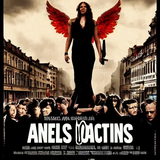 Image similar to angels protecting crowds of people in the street, movie poster style