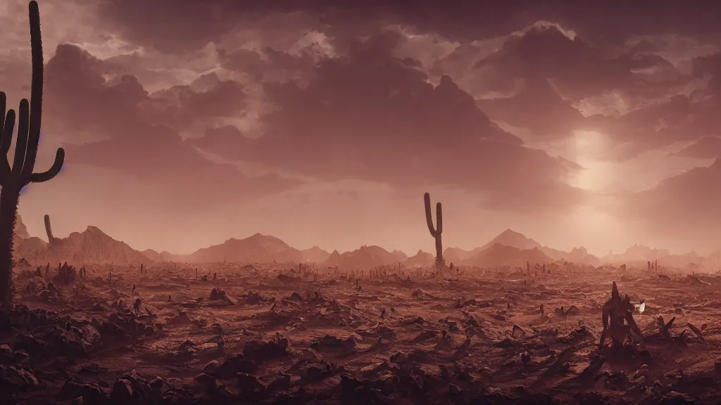 Image similar to a sinister desert planet, desert landscape, ward after the battle, corpses, pain, despair, dramatic lighting, cinematic, extremly high detail, photorealistic, cinematic lighting, post processed, concept art, artstation, matte painting, style by greg rutkowsky, perfect readability