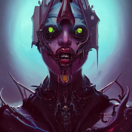Prompt: a portrait of a beautiful demonic cybernetic queen of the undead, cyberpunk concept art by pete mohrbacher and wlop and artgerm and josan gonzales, digital art, highly detailed, intricate, sci-fi, sharp focus, Trending on Artstation HQ, deviantart, unreal engine 5, 4K UHD image