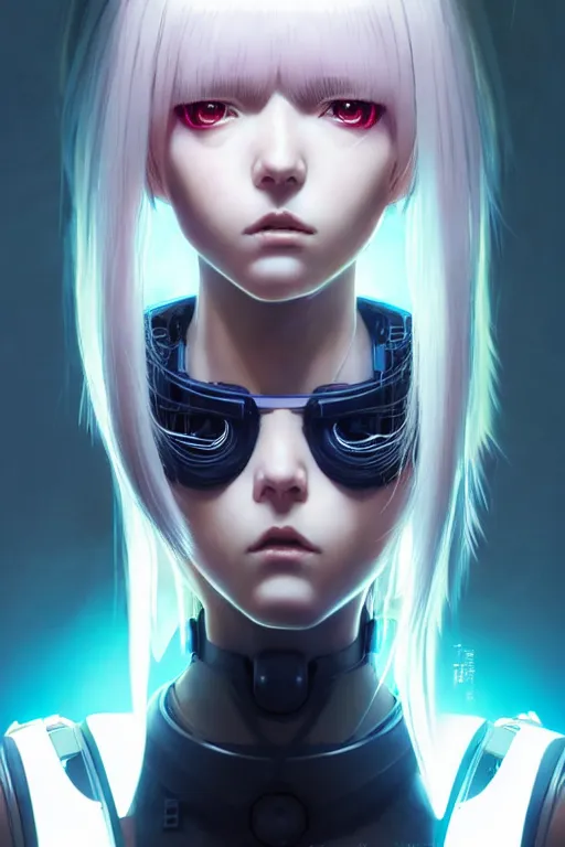 Image similar to portrait Anime cyborg girl, cyberpunk, cute-fine-face, white-hair pretty face, realistic shaded Perfect face, fine details. Anime. realistic shaded lighting by Ilya Kuvshinov katsuhiro otomo ghost-in-the-shell, magali villeneuve, artgerm, rutkowski, WLOP Jeremy Lipkin and Giuseppe Dangelico Pino and Michael Garmash and Rob Rey