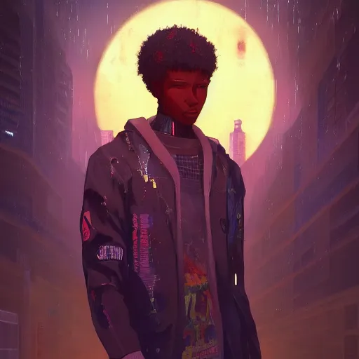 Prompt: afro - cyberpunk man manifesting dreams with ancestral magic in a modern world | hyperrealistic oil painting | by makoto shinkai, ilya kuvshinov, lois van baarle, rossdraws, basquiat | afrofuturism, in the style of surrealism, trending on artstation | dark color scheme