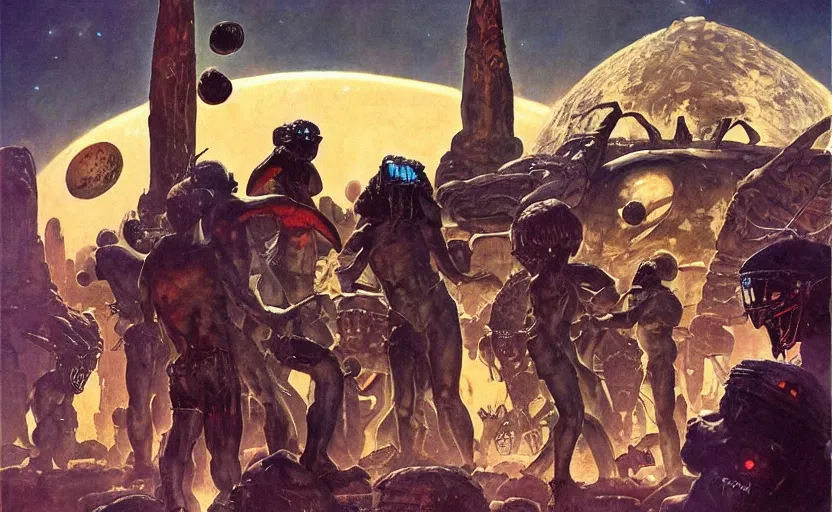 Image similar to an alien baseball game surrounded by ancient monoliths with glowing runes. highly detailed science fiction painting by norman rockwell, frank frazetta, and syd mead. rich colors, high contrast, gloomy atmosphere, dark background. trending on artstation