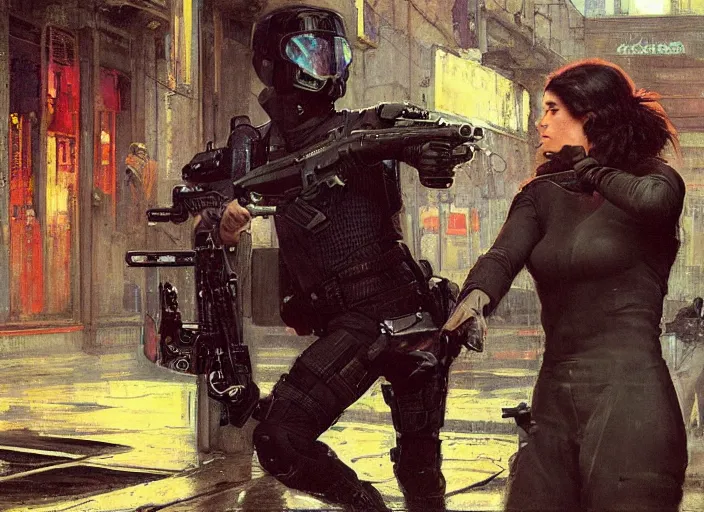 Prompt: Victor evades sgt Griggs. Athletic Cyberpunk hacker escaping Menacing Cyberpunk police trooper griggs. (dystopian, police state, Cyberpunk 2077, bladerunner 2049). Iranian orientalist portrait by john william waterhouse and Edwin Longsden Long and Theodore Ralli and Nasreddine Dinet, oil on canvas. Cinematic, vivid colors, hyper realism, realistic proportions, dramatic lighting, high detail 4k