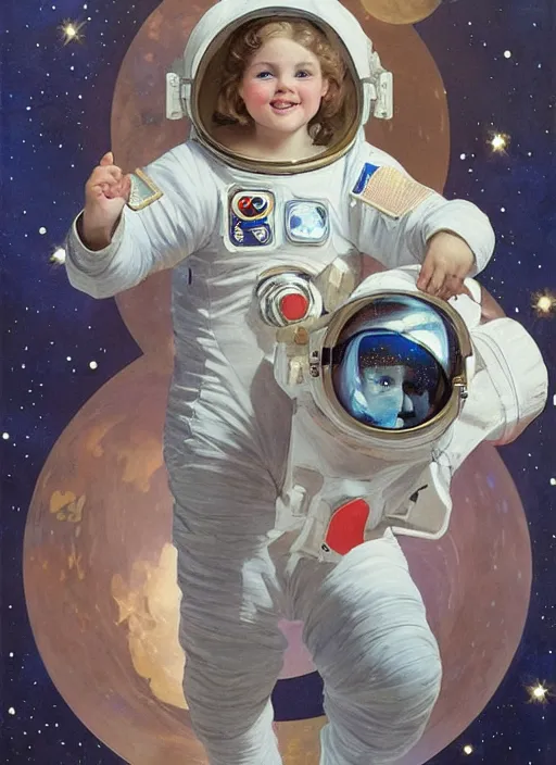 Prompt: a cute little girl with a round cherubic face, blue eyes, and short wavy light brown hair smiles as she floats in space with stars all around her. she is an astronaut, wearing a space suit. beautiful painting with highly detailed face by alphonse mucha and artgerm and greg rutkowski