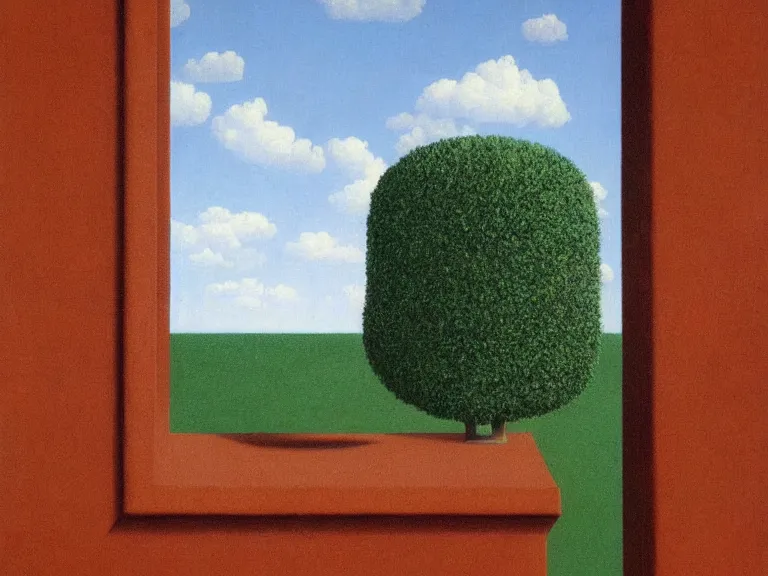 Image similar to an open window to nothingness in brick wall with open doors with endless hallway inside, painting by rene magritte, centered, high detail, high resolution