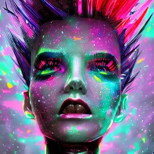 Prompt: splashes of neon galaxies, mowhawk, punk women portrait made out of paint, trending on artstation, epic composition, emotional, beautiful, rendered in octane, highly detailed, realistic, tim burton comic book art, sharp focus, unreal engine