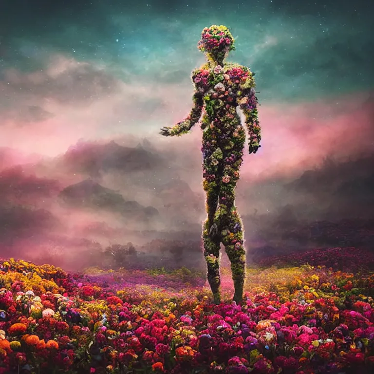 Image similar to a planet of various flowers, fungus and plants, in which the singular human figure is dressed in something magical and impressive, inside the picture is infinity, sunset light, Atmospheric phenomenon, artistic photography, muted colors, conceptual, long exposure outside the city, volumetric light