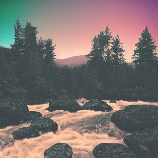 Image similar to a beautiful landscape, river, rocks, trees, by greg rutkowsi, glitch, glitchy, vhs