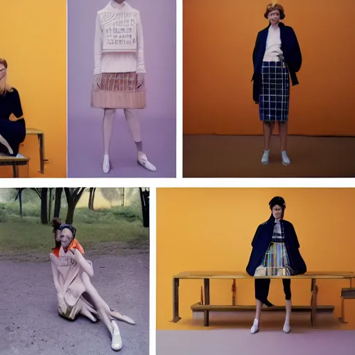 Image similar to realistic! photoshoot for a new balenciaga lookbook, color film photography, portrait of a beautiful woman, photo in style of wes anderson, 35mm